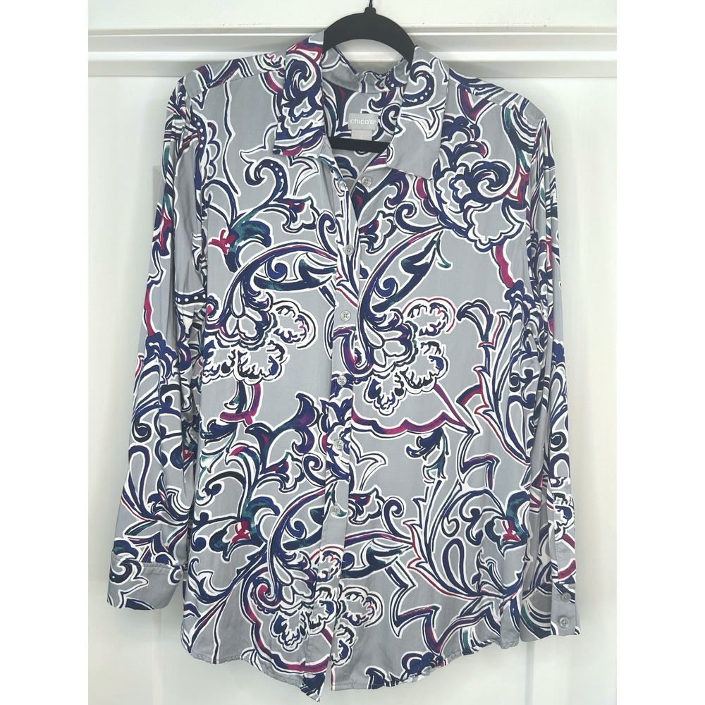 Chicos Grey Paisley Modal Button Down Blouse Top Size 2 US 12/14 Floral Scroll